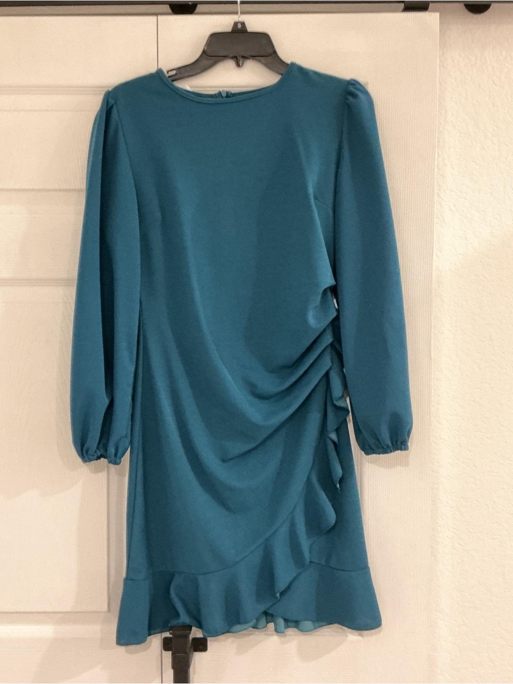 Teal Long-Sleeve Ruffle Wrap Accent Dress